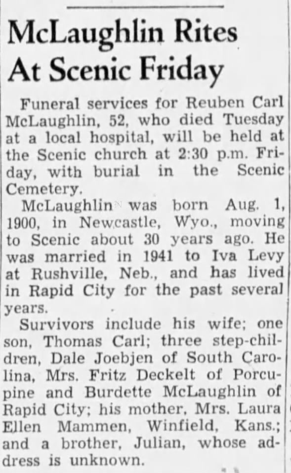 Obituary for Reuben Carl McLaughlin (Aged 52)